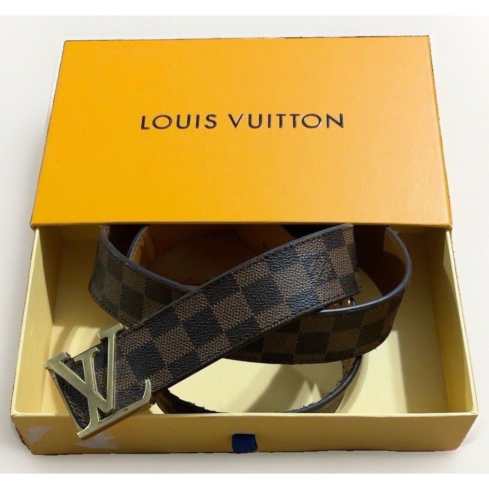 LOUIS VUITTON Damier Ebene Canvas Belt Gold LV Logo Buckle Men 120 48 BOX Read